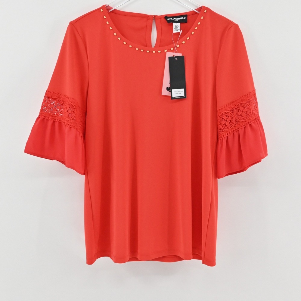 Karl Lagerfeld Bell Sleeve Top Womens Size M Red Stud Crochet Elegant Blouse